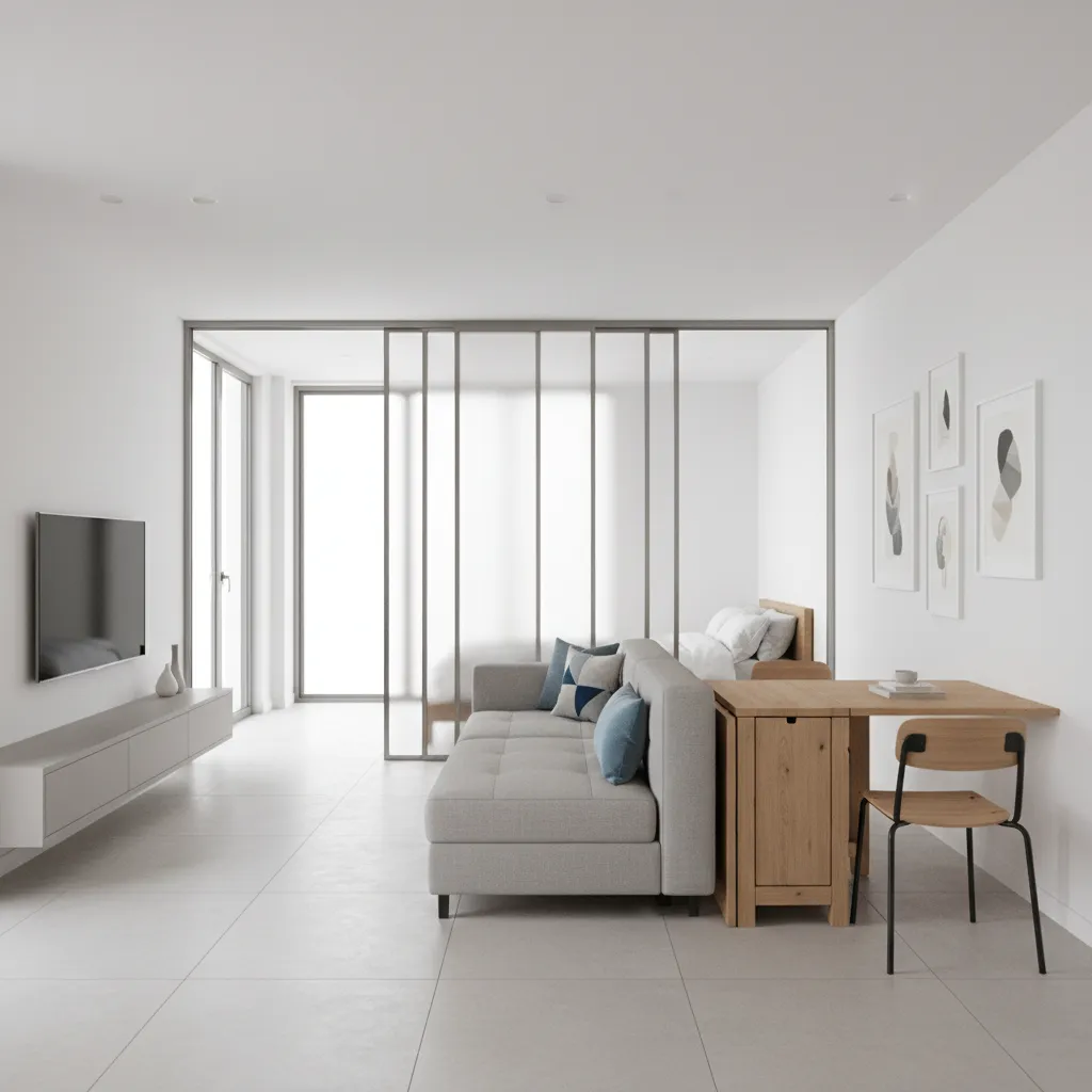 Multi functional living room layout with convertible furniture