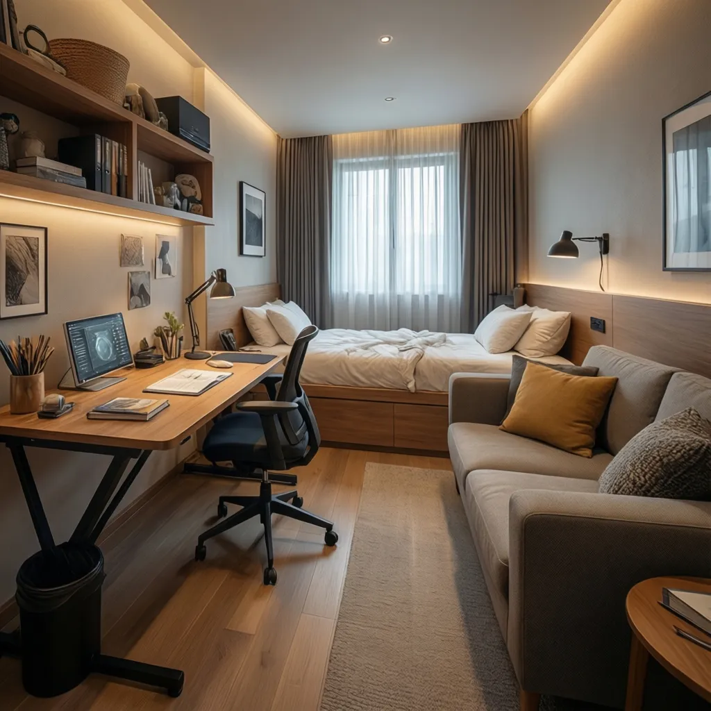 Multi functional room combining home office and guest bedroom in large house