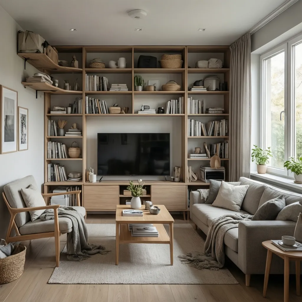 Built in storage wall and multifunction furniture in a compact modern home