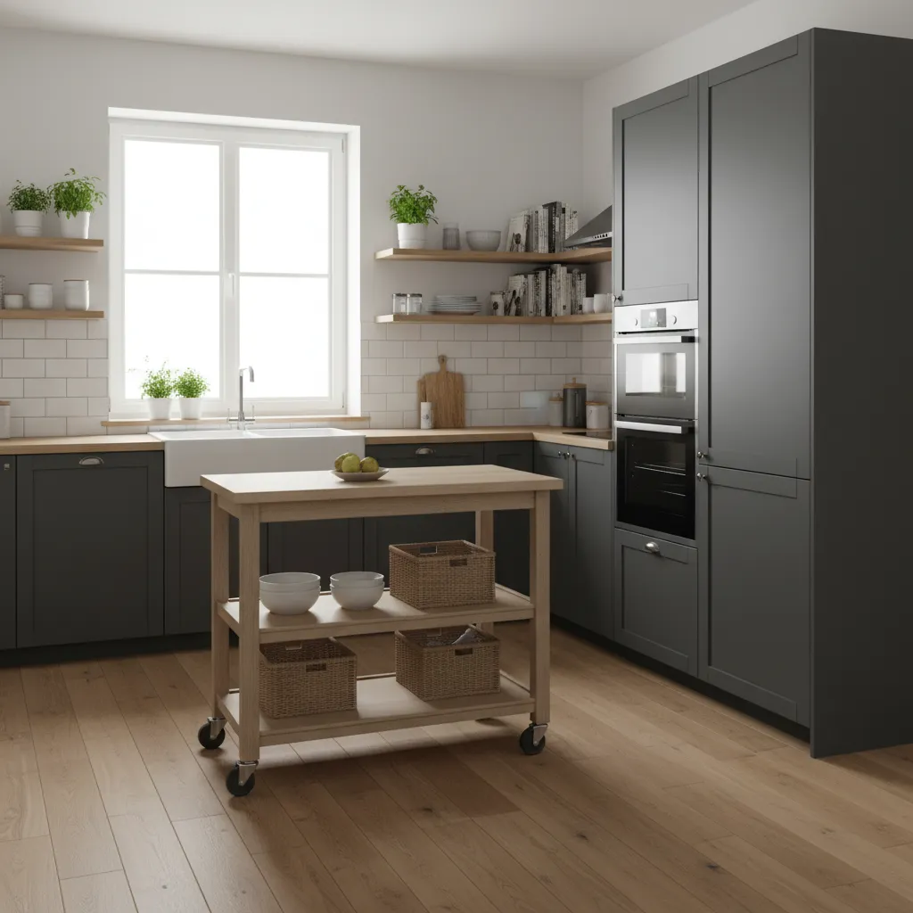 small kitchen with rolling island and multifunction furniture