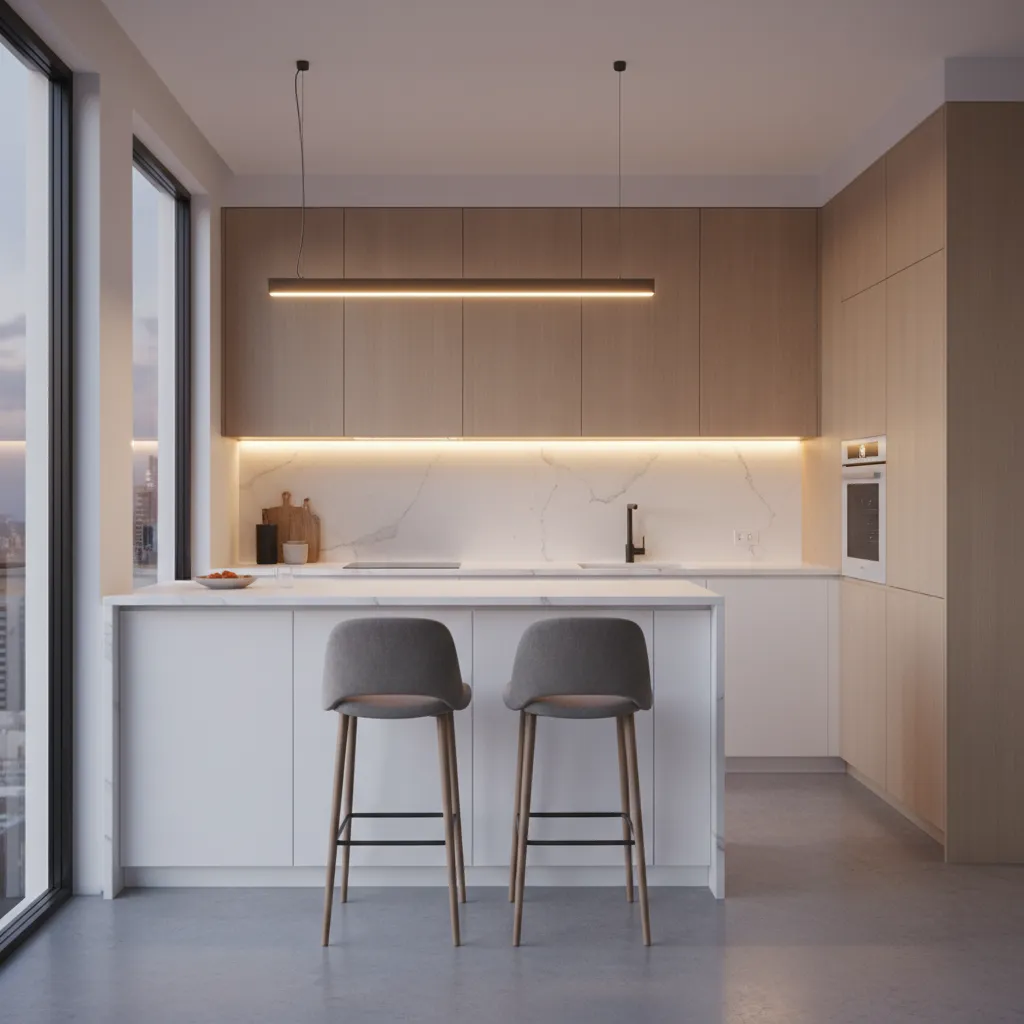 Small kitchen with narrow island that includes seating and storage