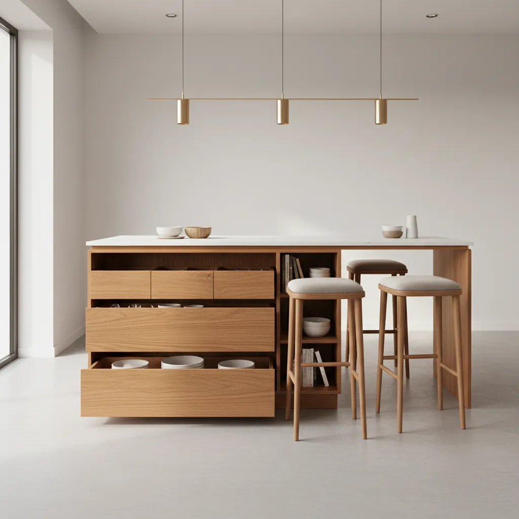 Multi functional kitchen island with drawers shelves and seating