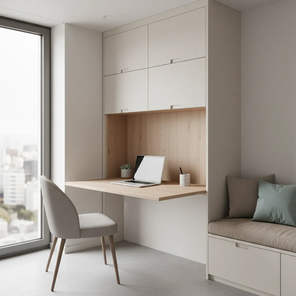 compact fold down wall desk with storage used in small home office