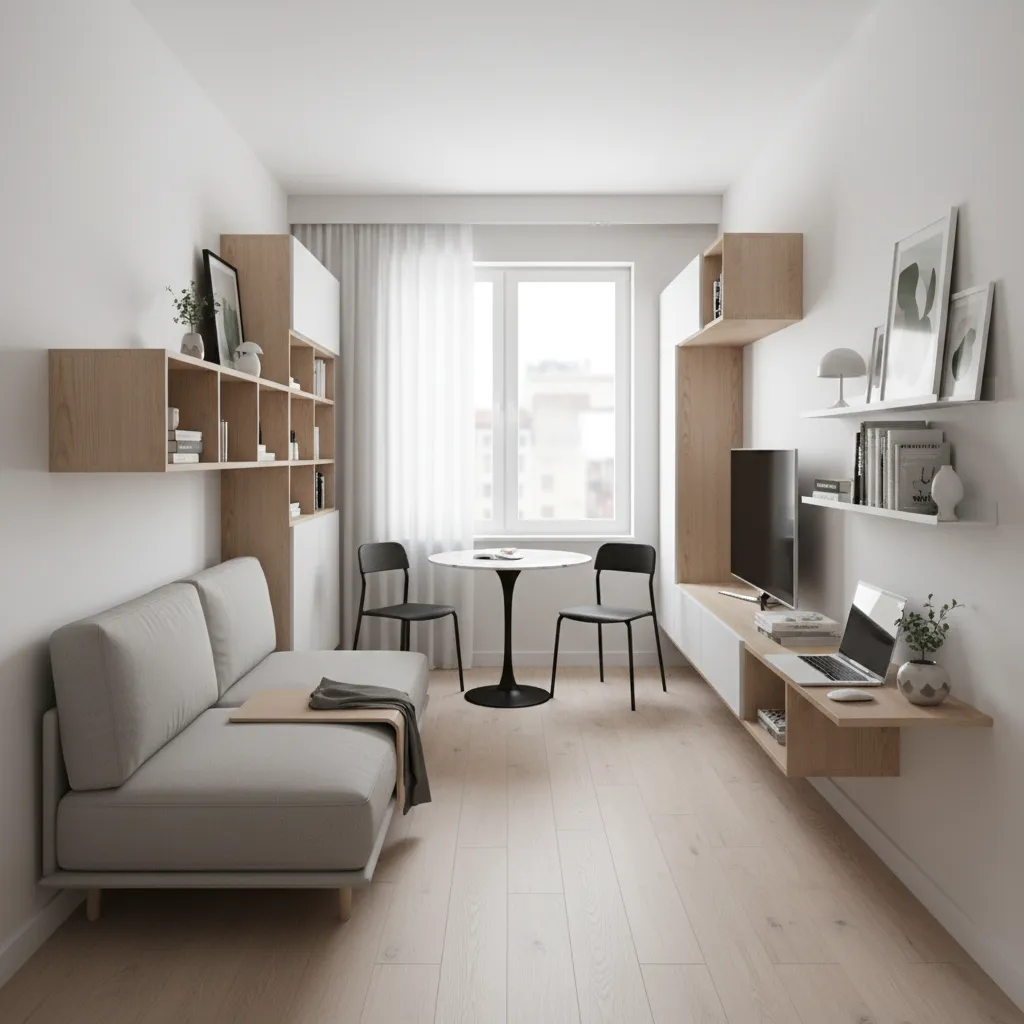 Small apartment room combining workspace, seating area and storage in one layout