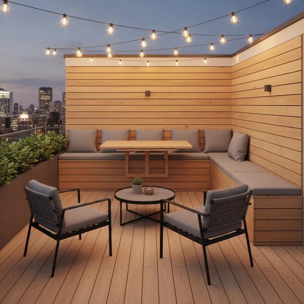 Small terrace with storage bench foldable table and layered lighting