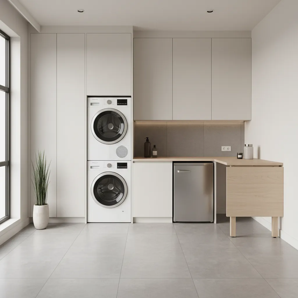 Multi functional utility room with washer dryer cabinets and small refrigerator