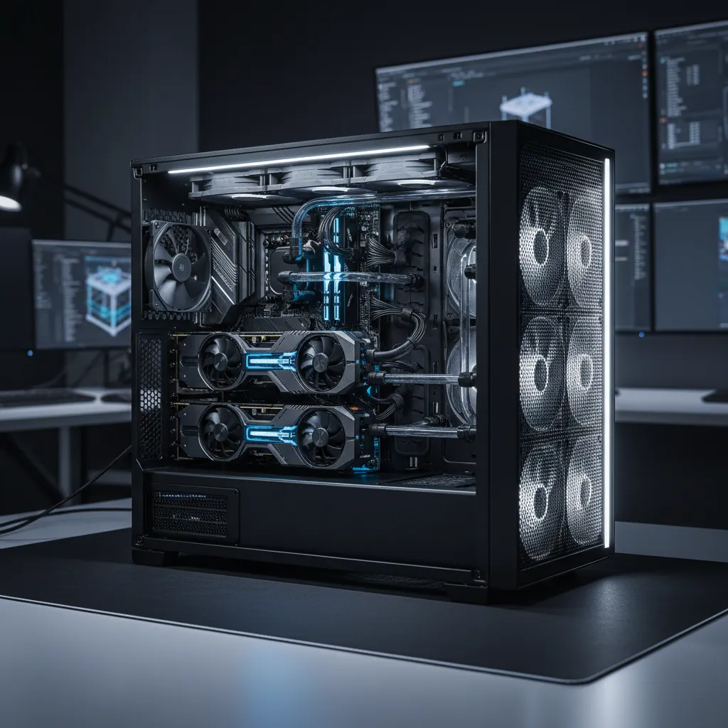 Professional workstation with multiple GPUs installed for rendering tasks