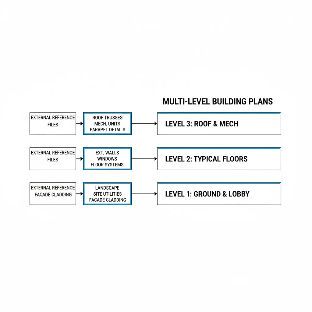 Diagram showing multi level building plans separated into external reference files