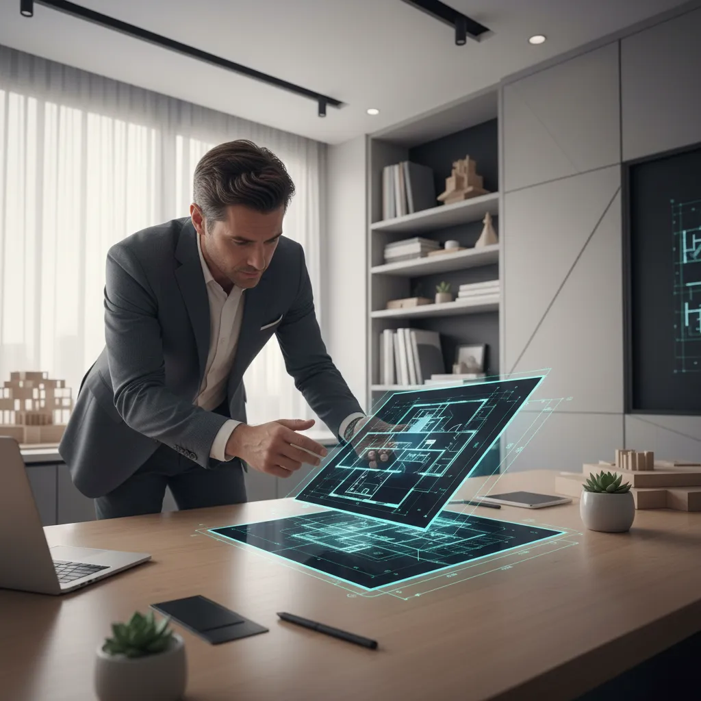 architect reviewing multi level residential floor plan on digital tablet