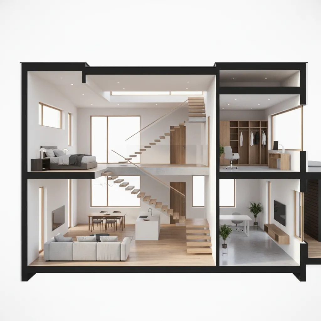 3D cutaway of a multi level house showing floors and stair alignment
