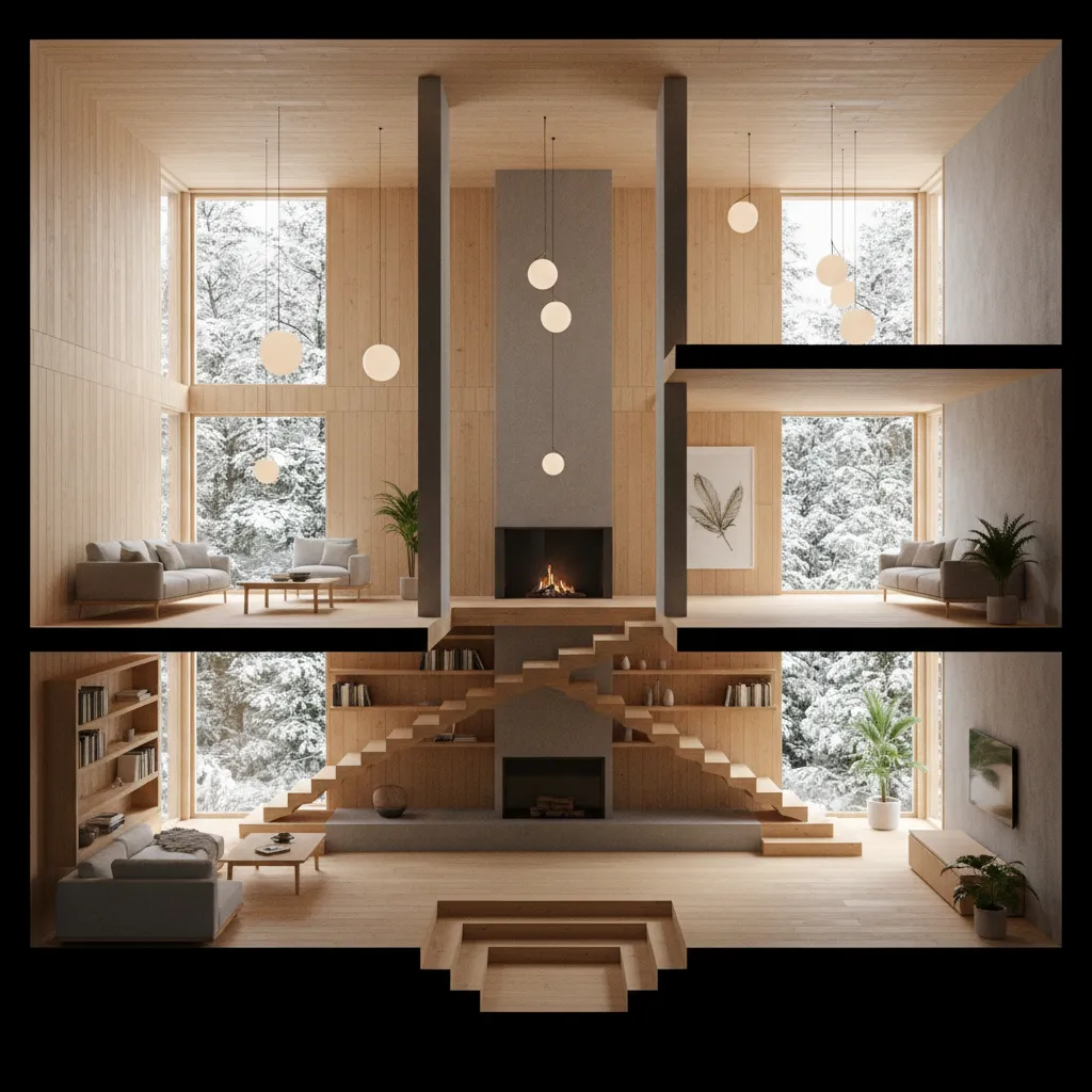 Vista interior de casa moderna con varios niveles conectados