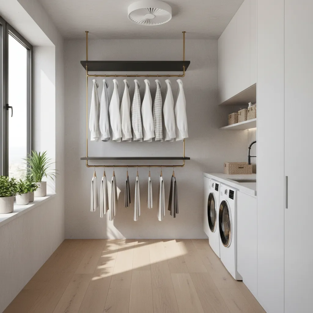 Staggered multi level laundry hanging rods improving airflow