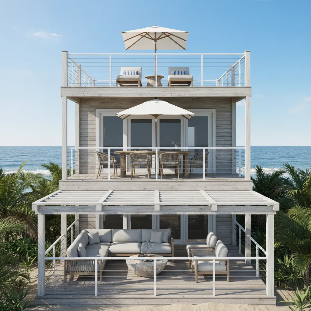 Multi level stacked porch layout showing outdoor living spaces on different floors