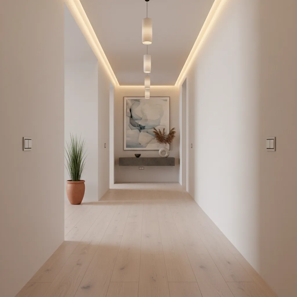 Hallway with light switches at both ends demonstrating a three way lighting setup