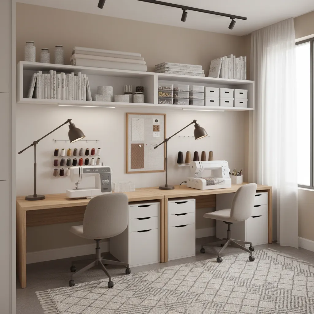 small sewing room with sewing machine and serger arranged along wall