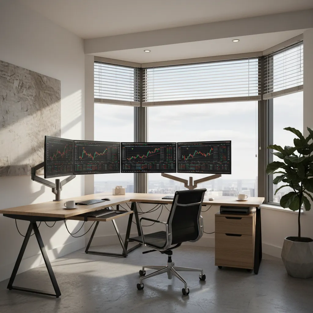L shaped desk with multiple monitors positioned near a bay window trading workstation