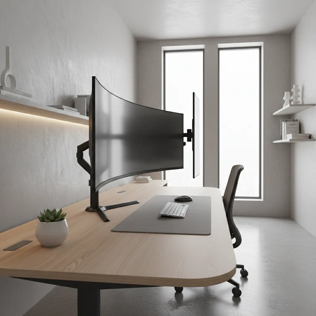 Optimized multi monitor home office layout with angled screens and ergonomic positioning