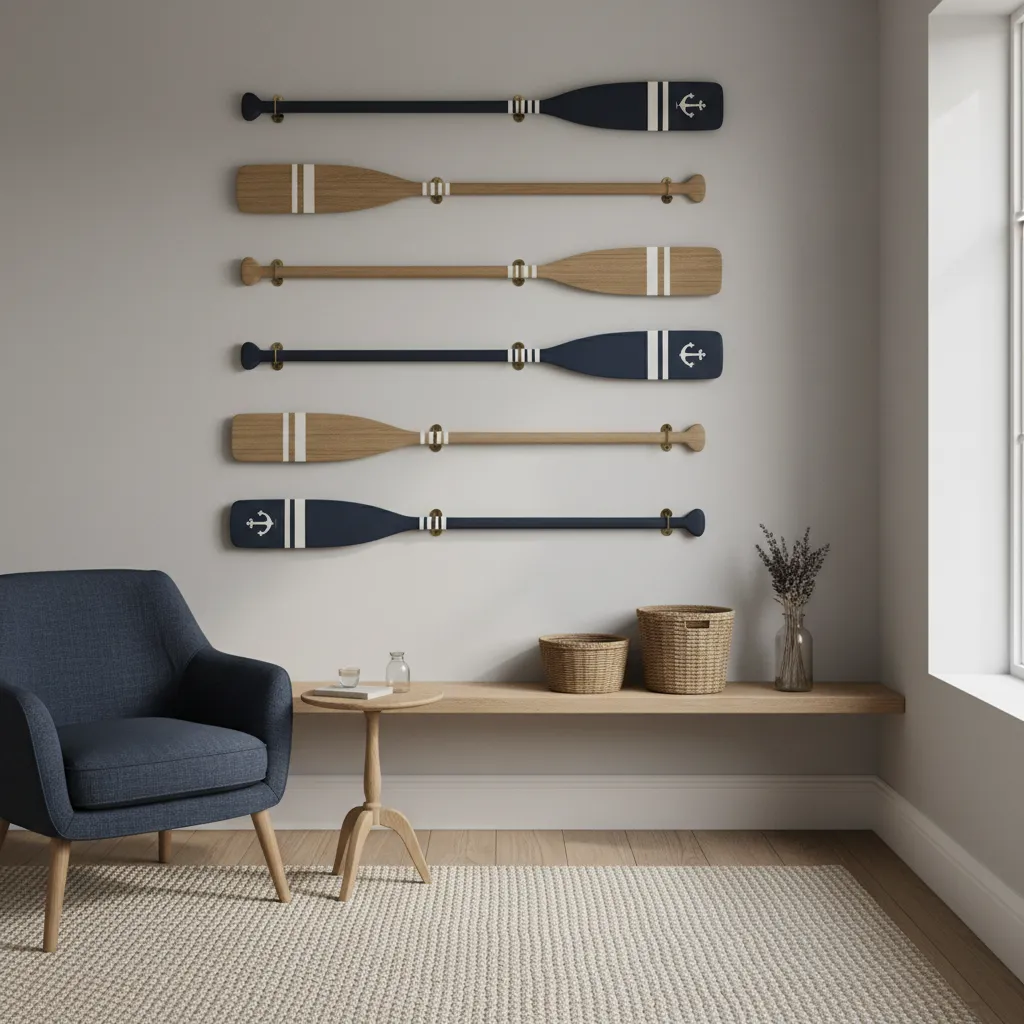 Five decorative oars evenly spaced on a narrow accent wall