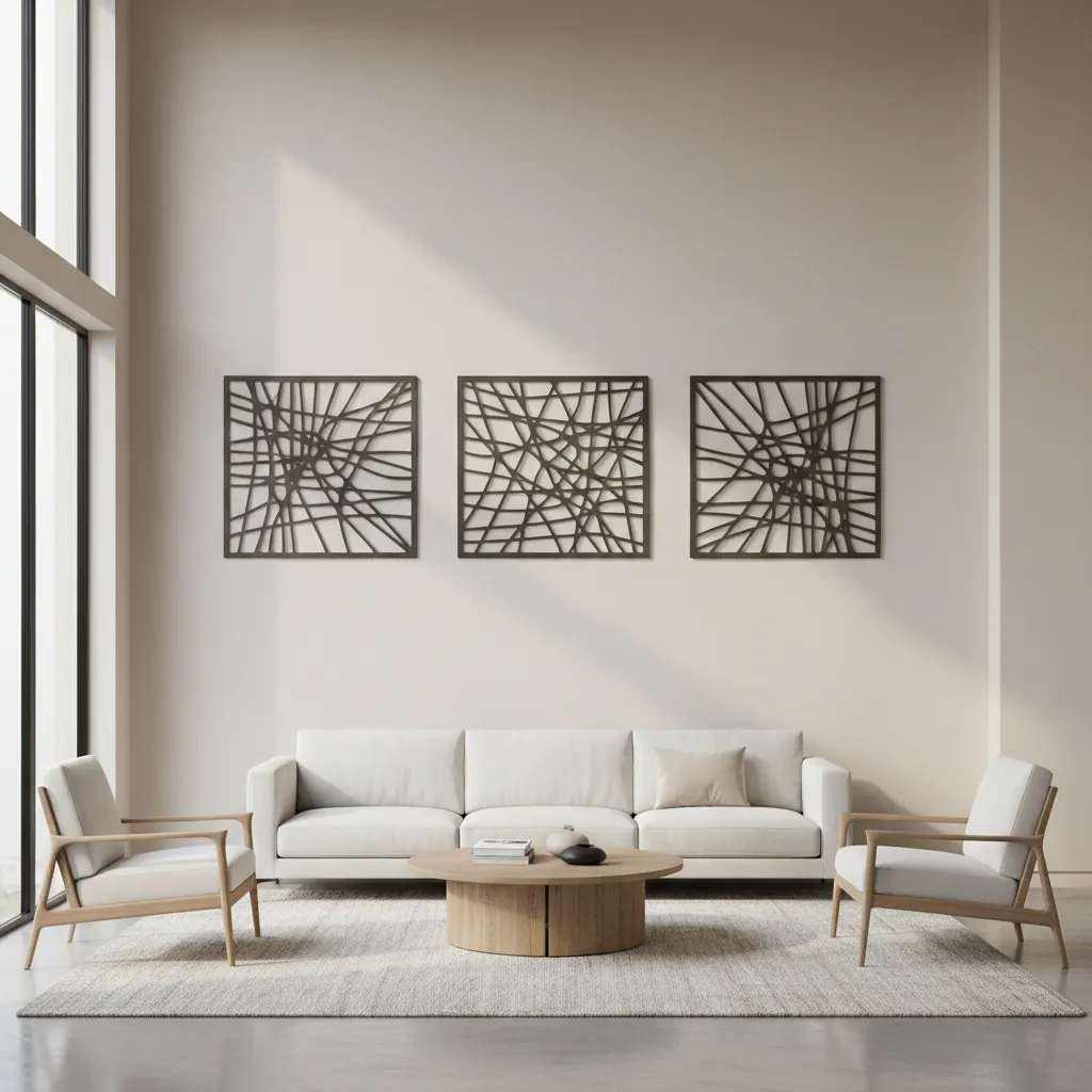 multi panel cutout wall decor arranged symmetrically on large wall