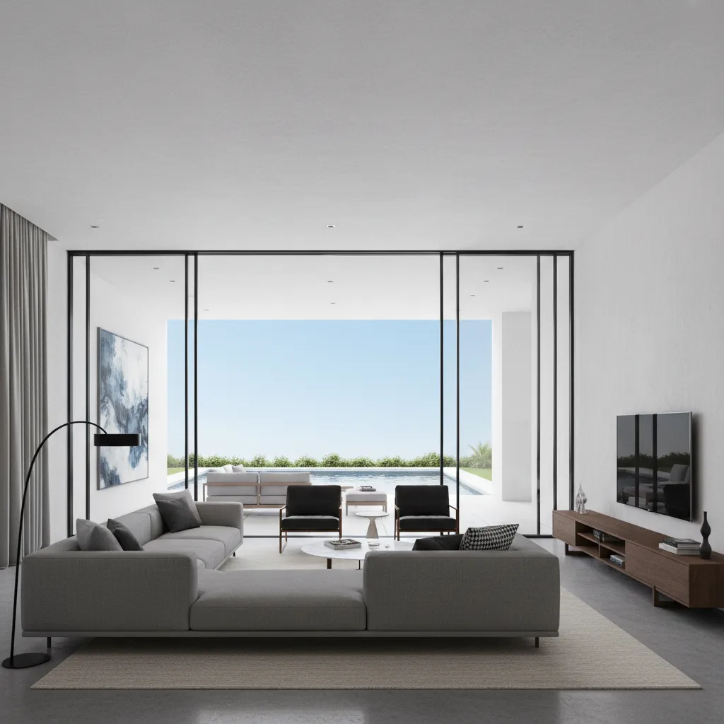 Wide multi panel sliding glass doors in modern open living room