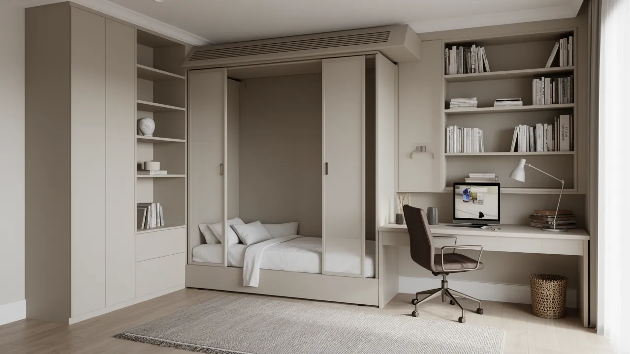Multi purpose bedroom designed as home office and guest room