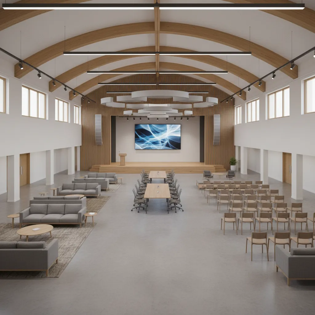 community hall interior showing multiple functional zones and circulation paths