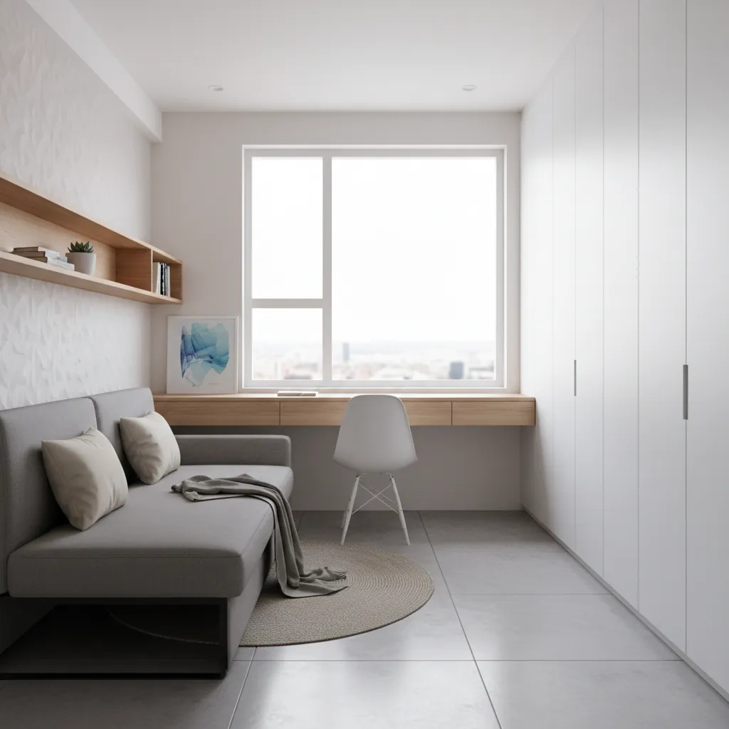 Multi purpose guest room with sofa bed and workspace