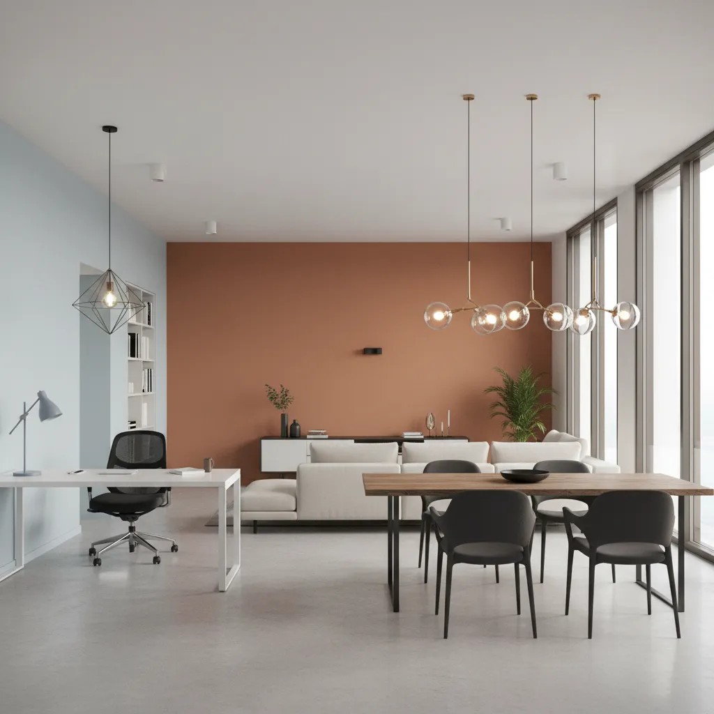 Interior design showing color zoning between workspace and social space