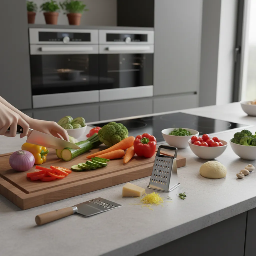 Kitchen prep counter with chef knife microplane and multifunction tools