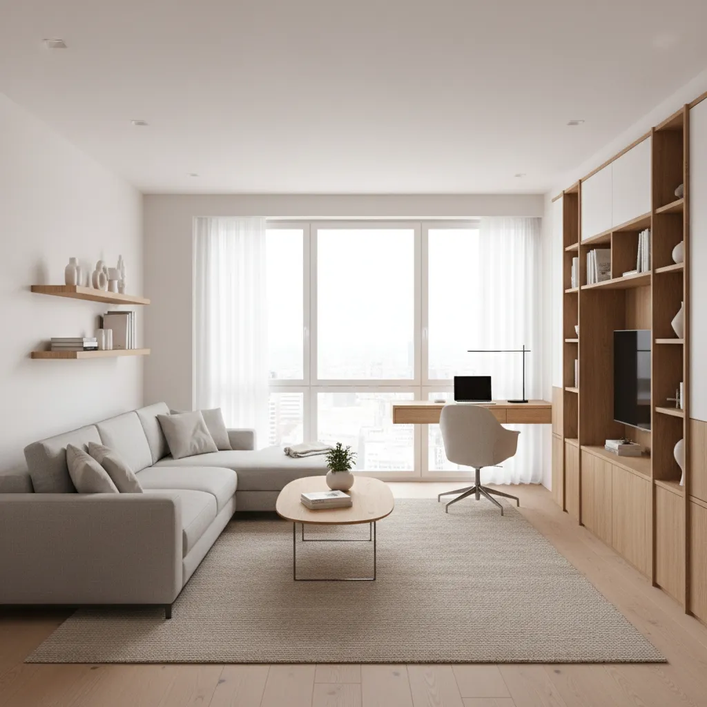 Living room with workspace corner and flexible furniture layout