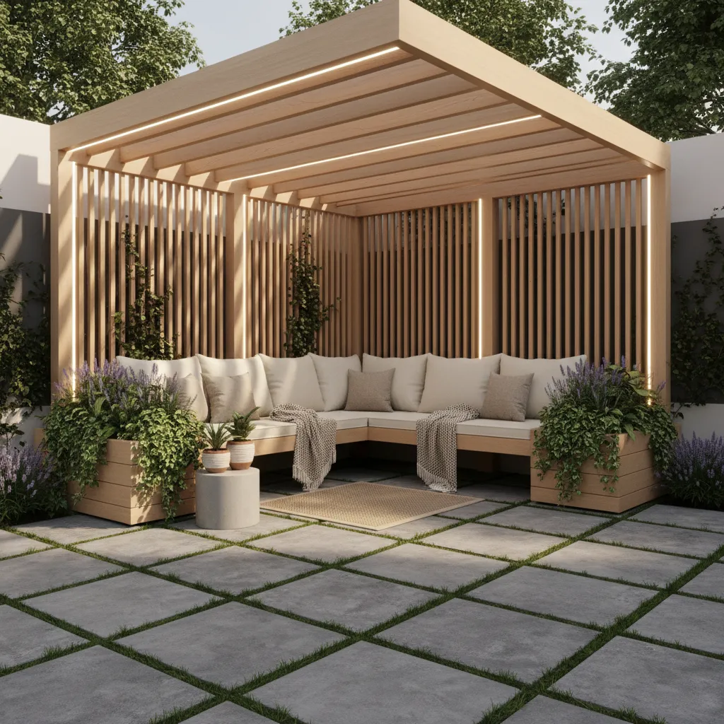 small patio pergola with built in bench seating and planters