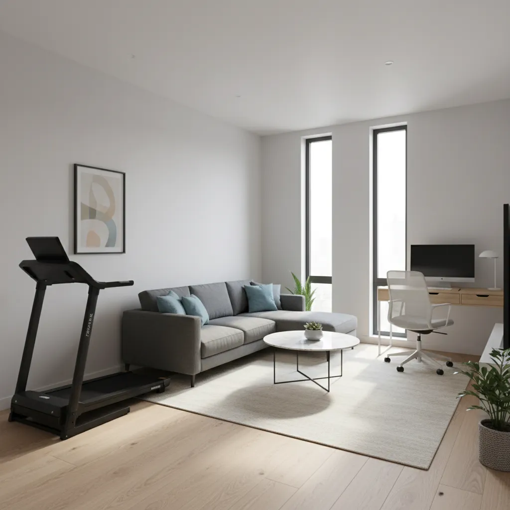 Small living room with compact treadmill integrated into layout