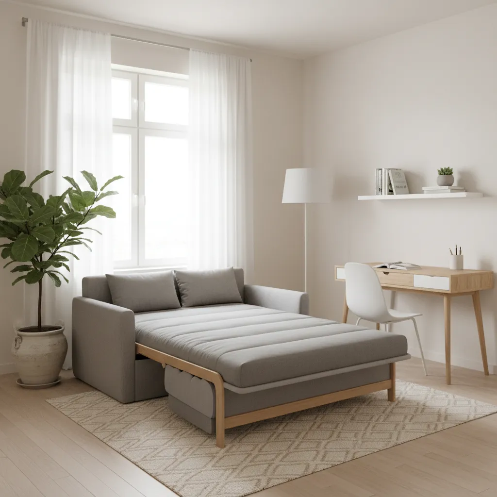 Small room featuring a grey sofa bed, wooden desk, white chair, and a green plant