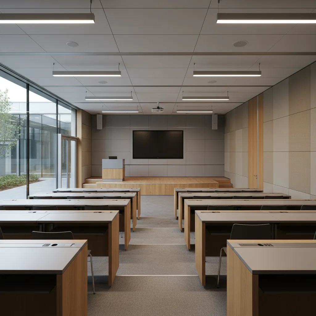 Flexible multi purpose seminar hall with modular tiered seating and stage