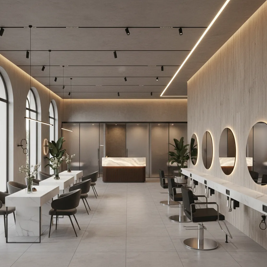 large salon interior with separate zones for hair styling nail services and treatment rooms