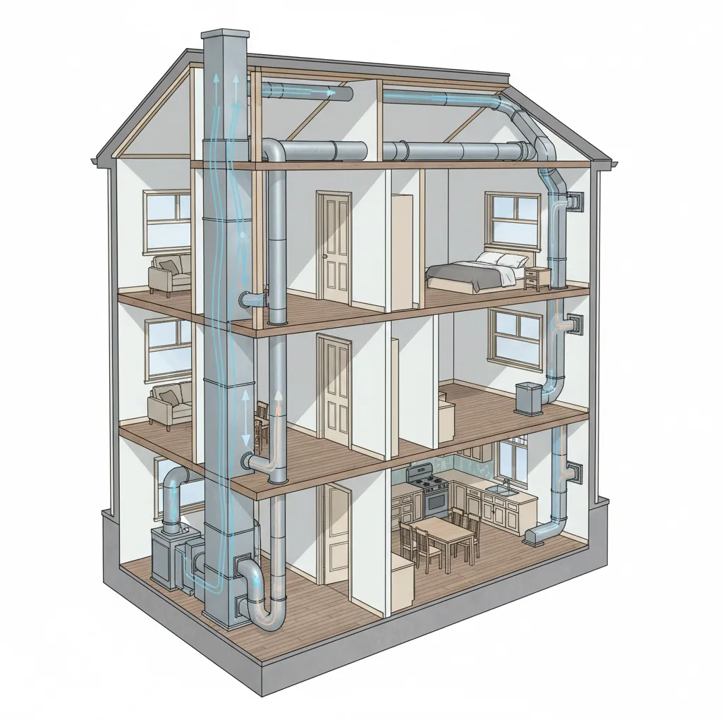 Cutaway visualization of airflow distribution in a multi-story home HVAC duct system