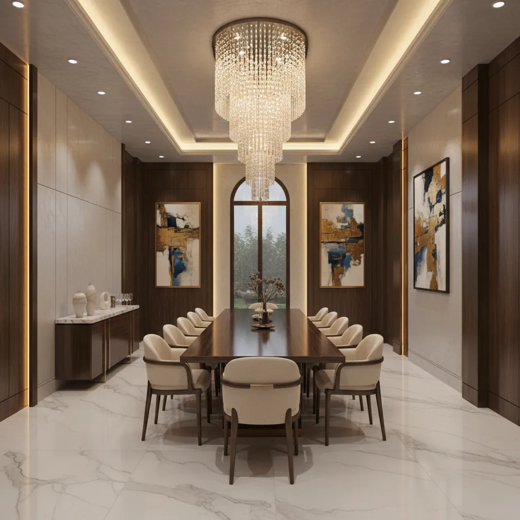 Multi tier chandelier hanging above dining table in tall dining room