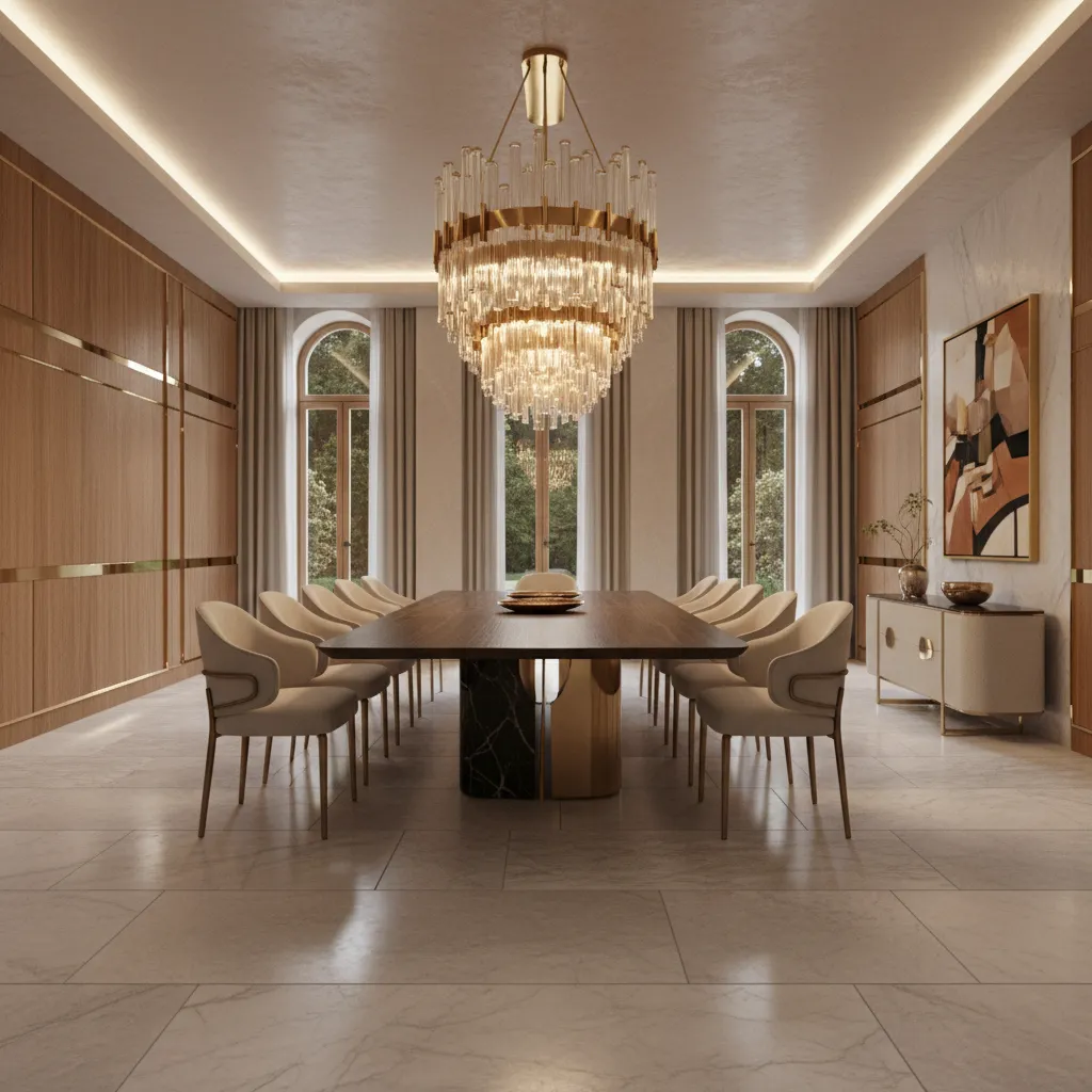 Large multi tier chandelier hanging in a tall dining room interior