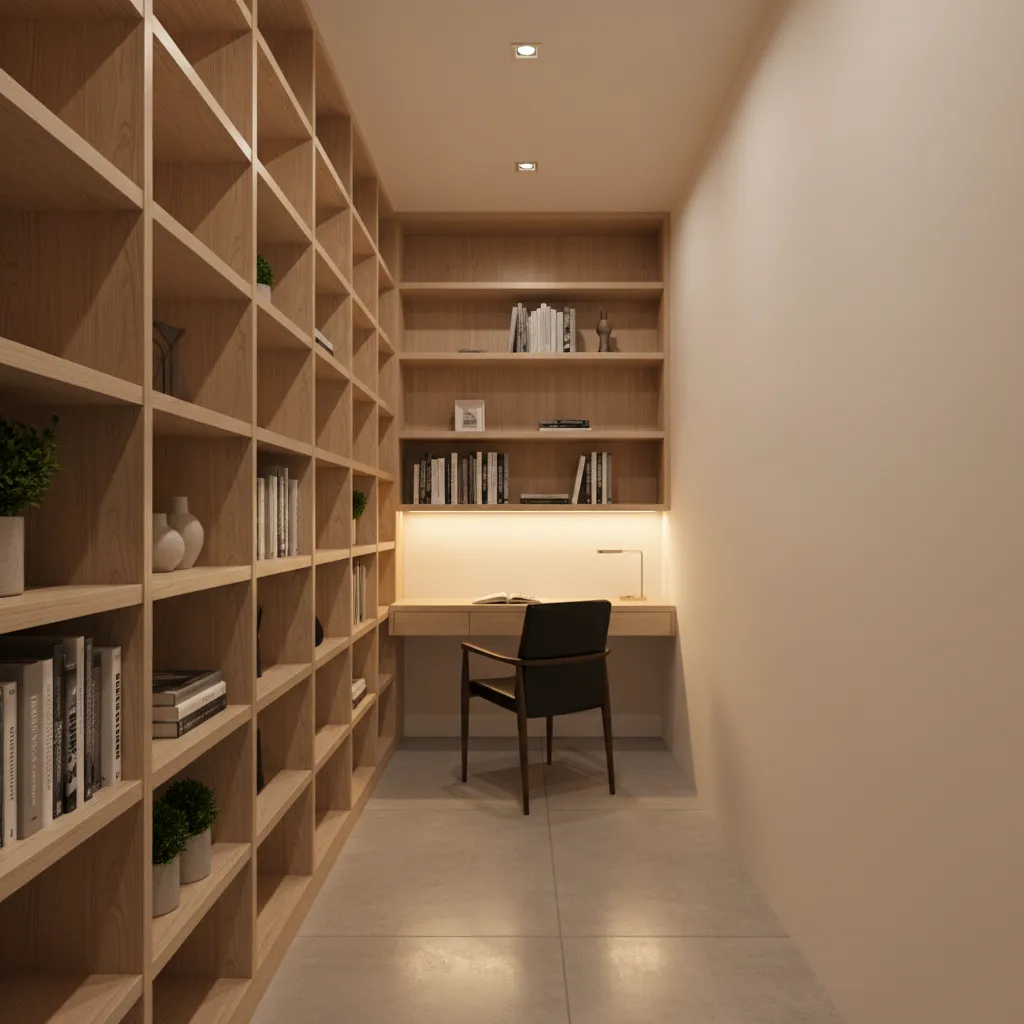 narrow house corridor with shelving and workspace instead of empty hallway