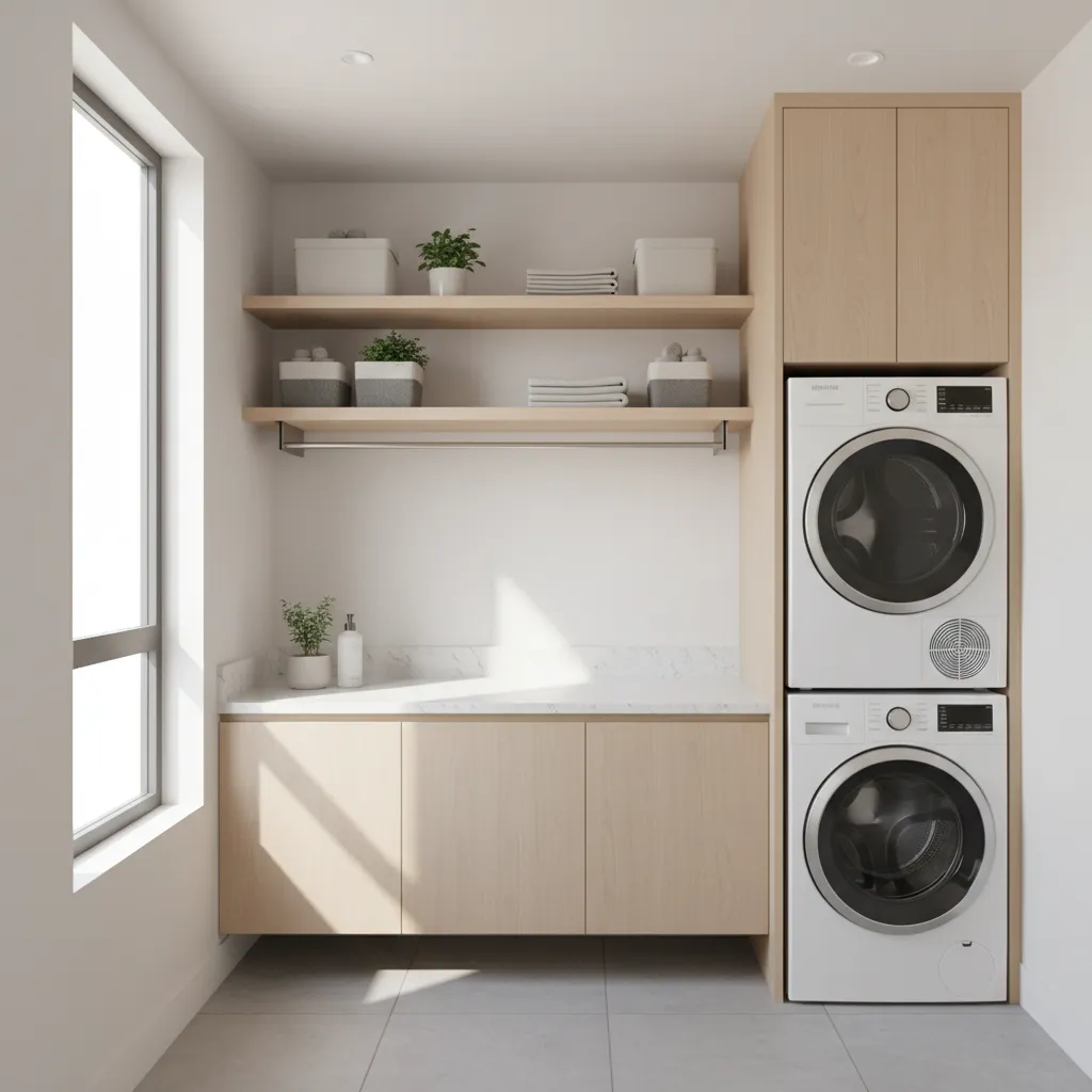 Multi functional small laundry room with clothesline storage and folding counter