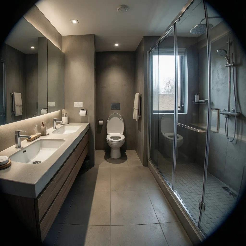 multi user bathroom zoning with double vanity and separate toilet area