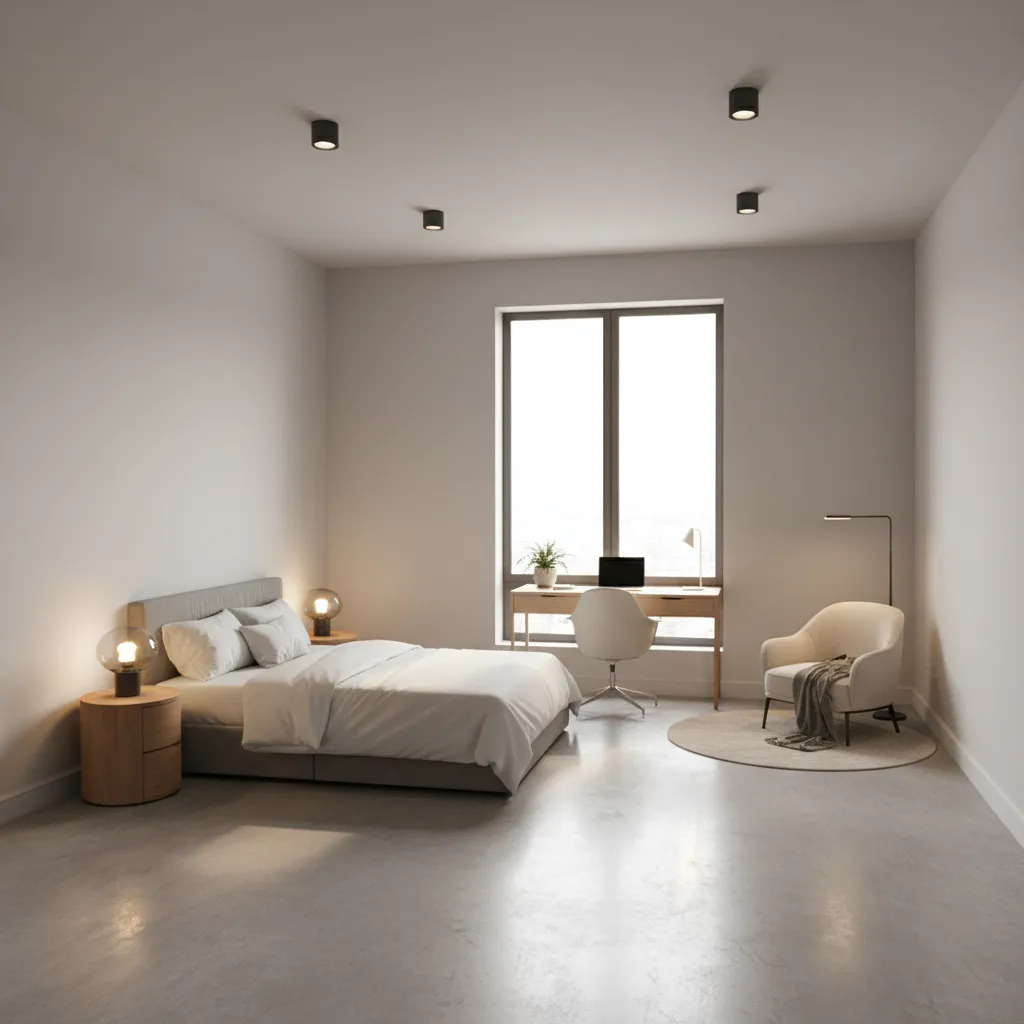 multi zone layout in a 15x15 room with bed desk and seating area