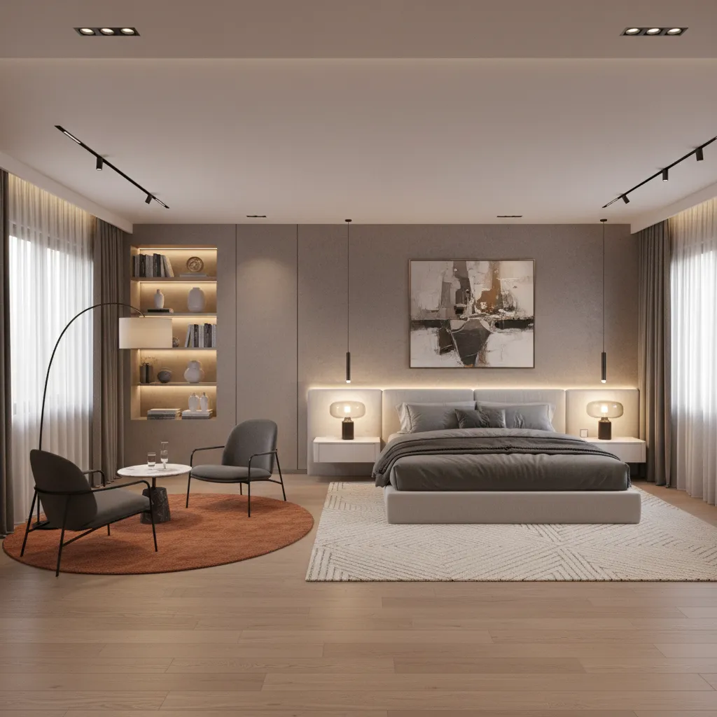 large master bedroom showing sleeping and lounge zones separated by rug and furniture orientation