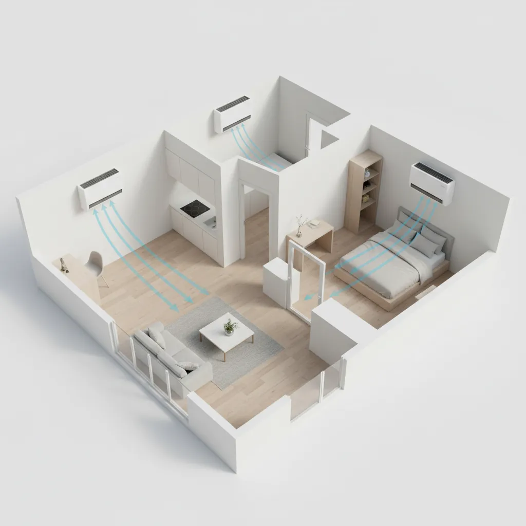 Diagram style interior layout showing multiple mini split indoor units across rooms