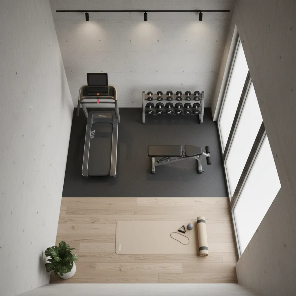 Small home gym with defined zones for cardio, strength, and stretching