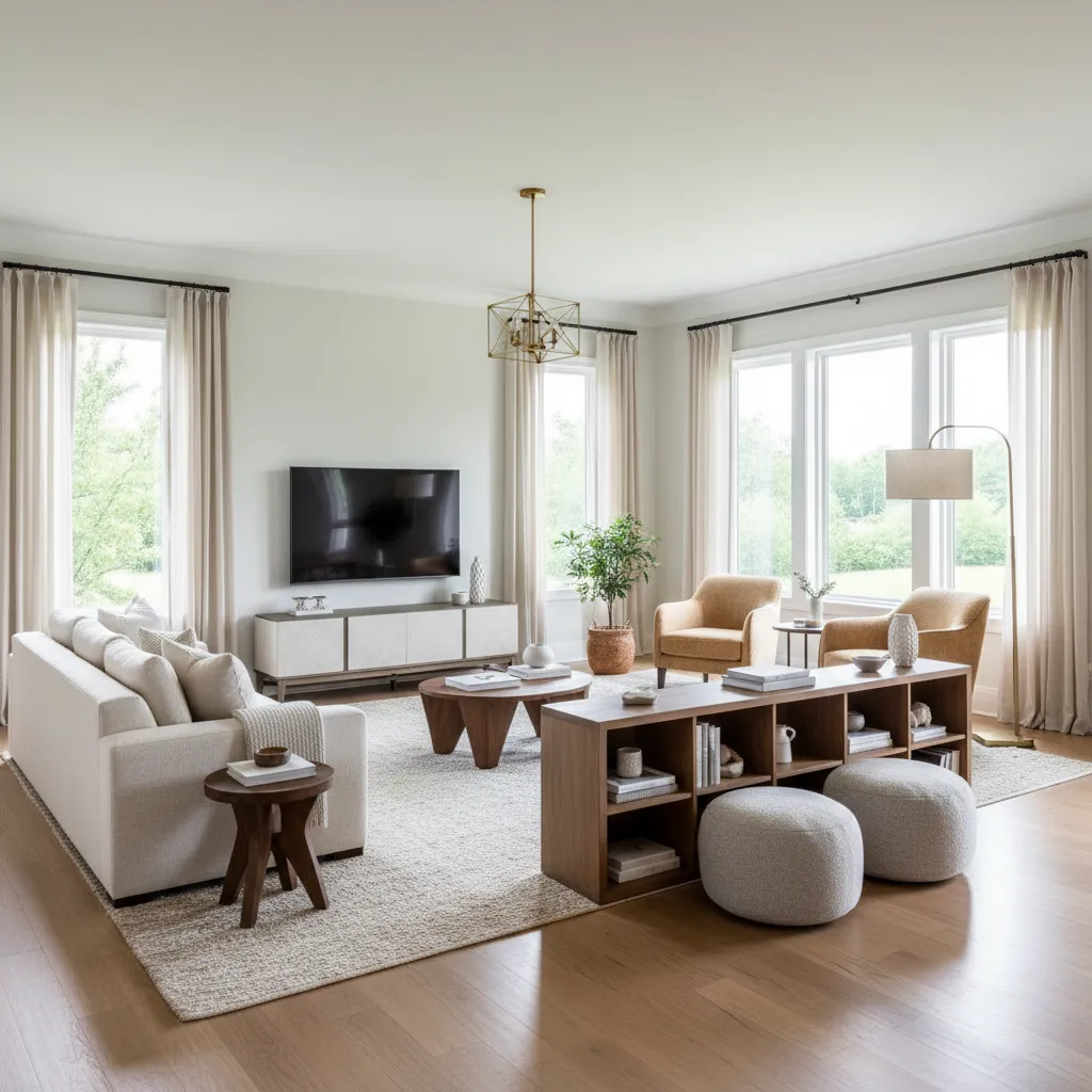 large square living room divided into two functional seating zones