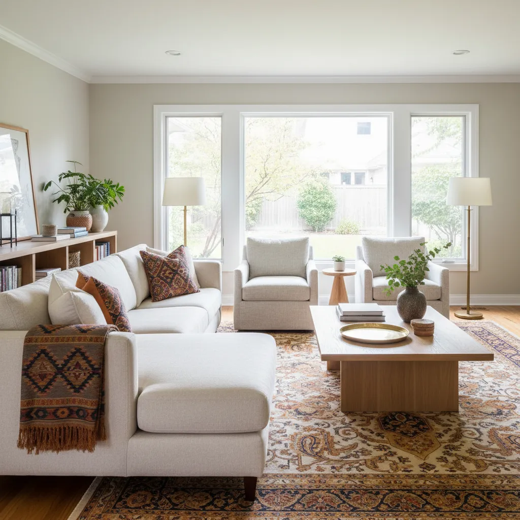 Multicultural living room interior combining modern American furniture with Indian inspired decor