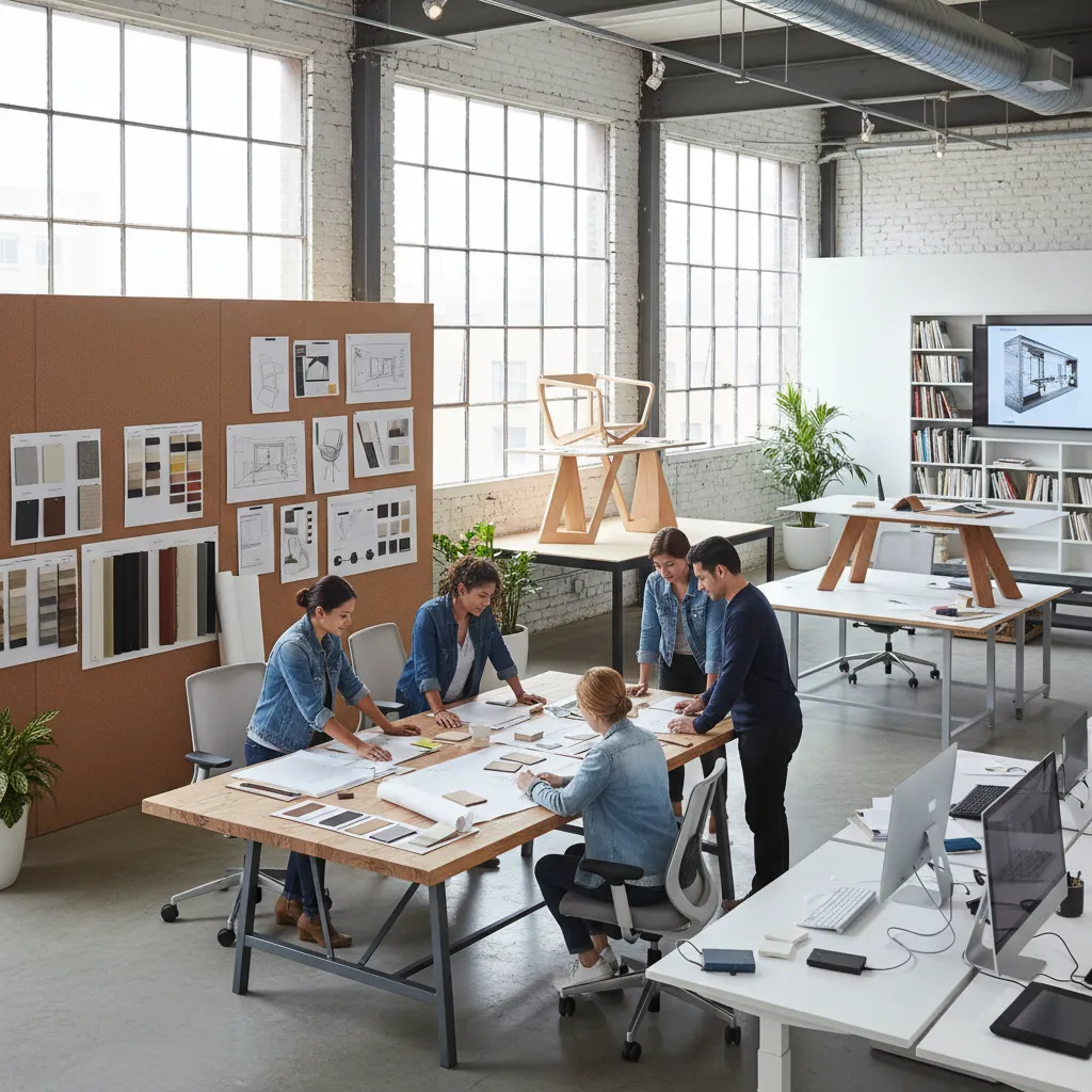 Estudio creativo con diseñadores trabajando en arquitectura e interiorismo