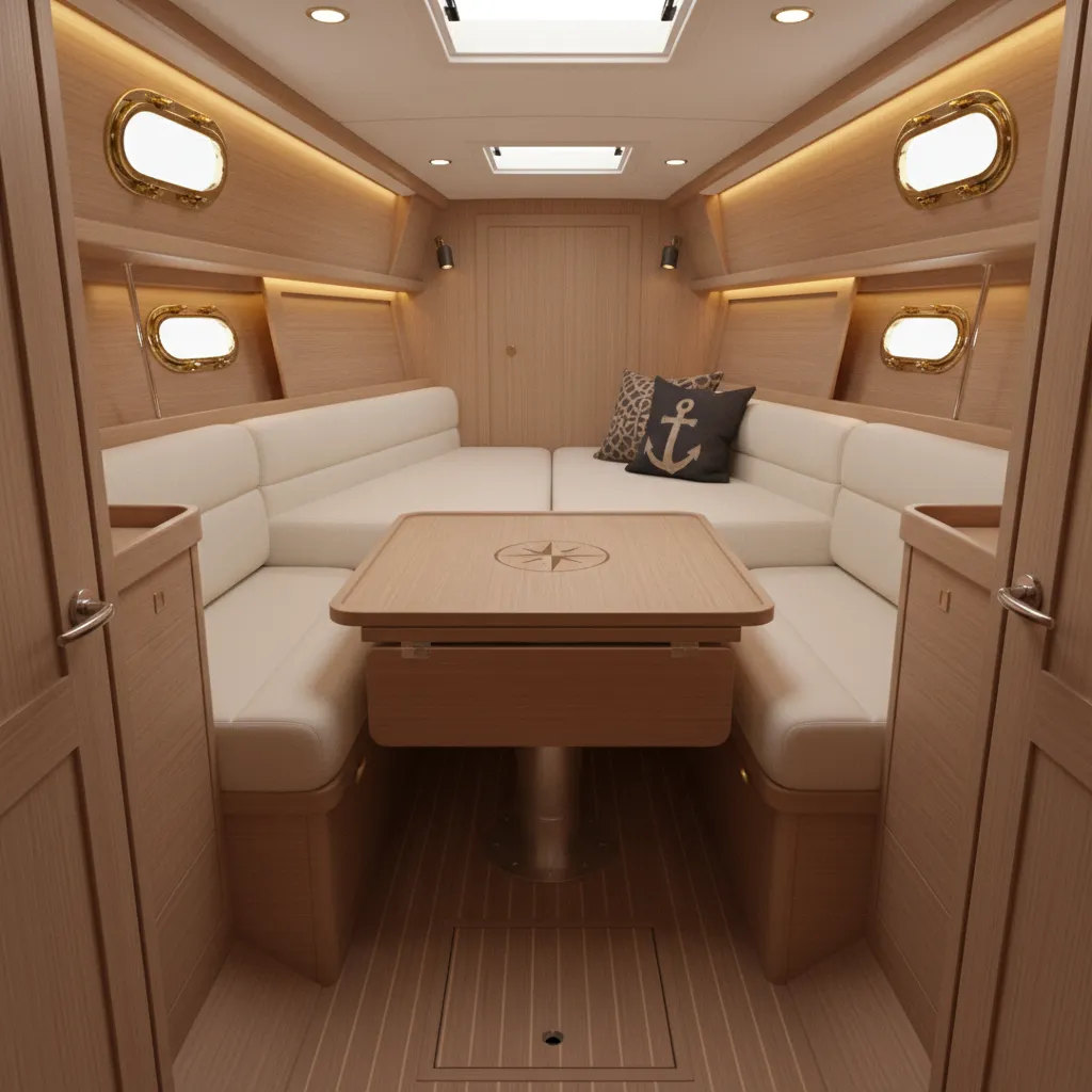 Convertible seating and table furniture inside a small boat cabin