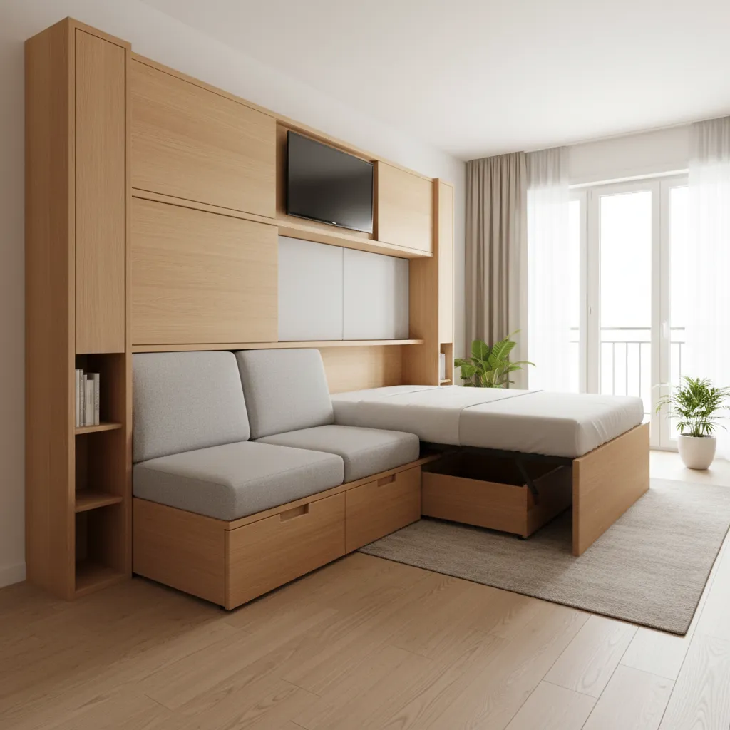 Multifunctional wood furniture including a grey sofa wall cabinet TV and a pulled out bed